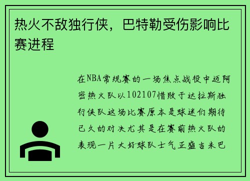 热火不敌独行侠，巴特勒受伤影响比赛进程